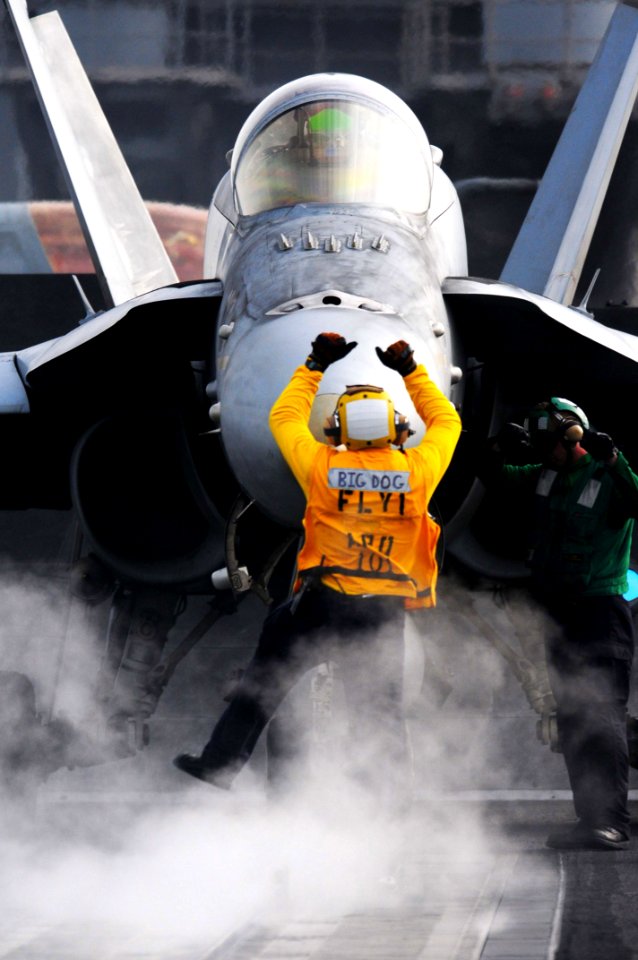 Defense.gov News Photo 110515-N-UO379-168 - U.S. Navy Petty Officer 2nd Class Ryan Hilliard guides an F A-18C Hornet aircraft assigned to Marine Fighter Attack Squadron 323 toward a catapult