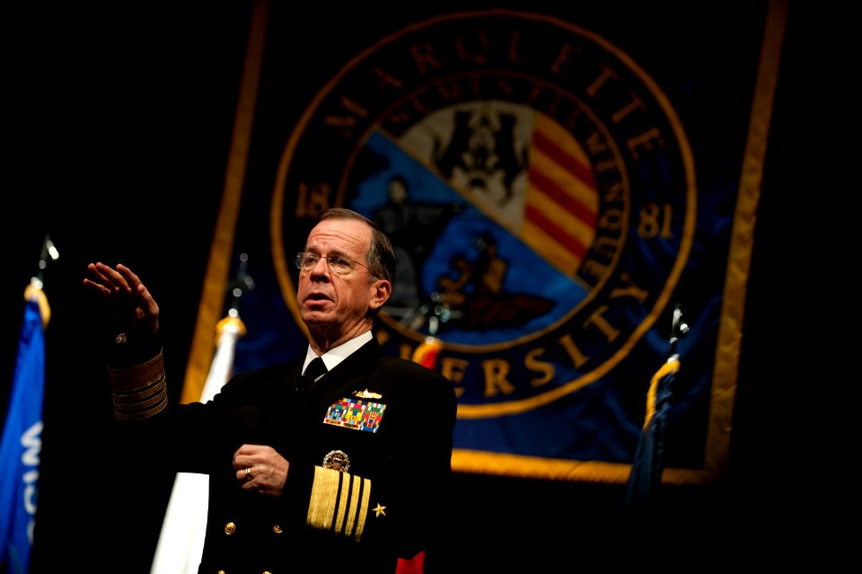 Defense.gov News Photo 110405-N-TT977-129 - Chairman of the Joint Chiefs of Staff Adm. Mike Mullen U.S. Navy delivers remarks at Marquette University in Milwaukee Wis. on April 5 2011