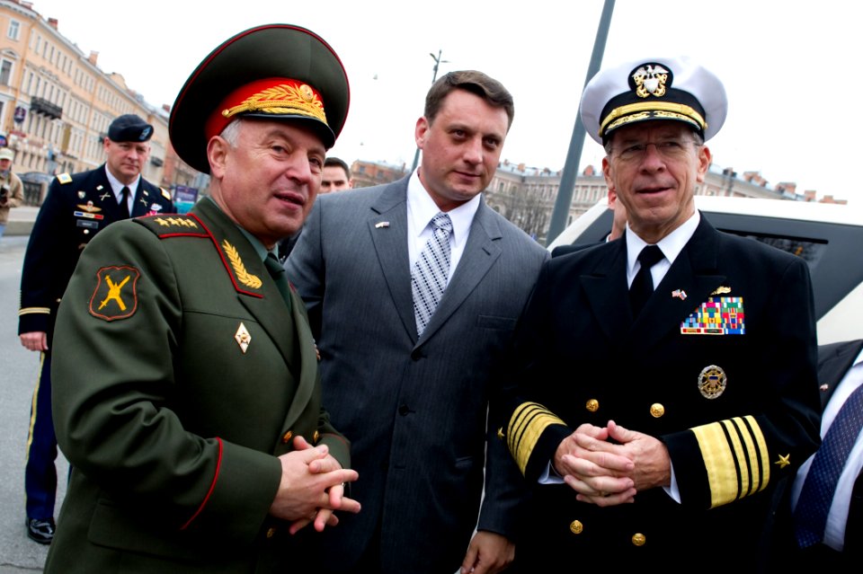 Defense.gov News Photo 110506-N-TT977-257 - Chairman of the Joint Chiefs of Staff Adm. Mike Mullen is welcomed to St. Petersburg Russia by Chief of the General Staff of the Armed Forces of