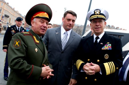 Defense.gov News Photo 110506-N-TT977-257 - Chairman of the Joint Chiefs of Staff Adm. Mike Mullen is welcomed to St. Petersburg Russia by Chief of the General Staff of the Armed Forces of