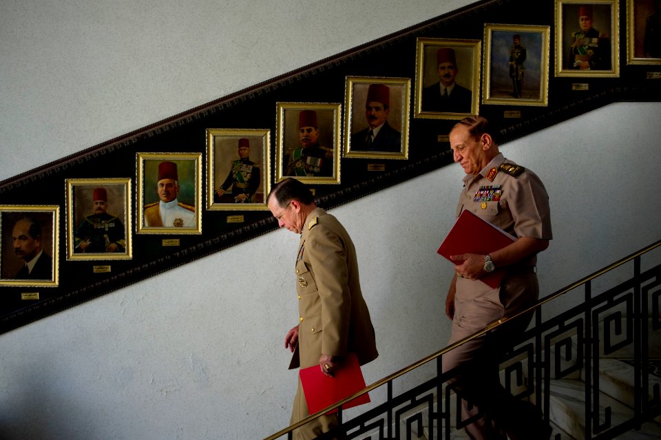 Defense.gov News Photo 110608-N-TT977-052 - Chairman of the Joint Chiefs of Staff Adm. Mike Mullen departs the Egyptian Ministry of Defense with Chief of Staff of the Egyptian Armed Forces