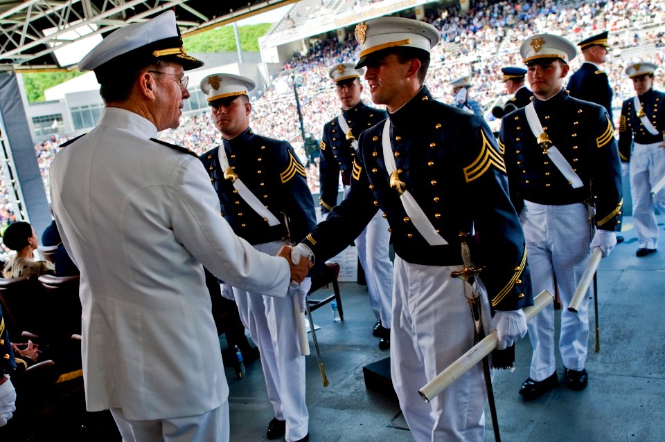 Defense.gov News Photo 110521-N-TT977-393 - Chairman of the Joint Chiefs of Staff Adm. Mike Mullen U.S. Navy congratulates cadets during commencement ceremonies at the U.S. Military Academy