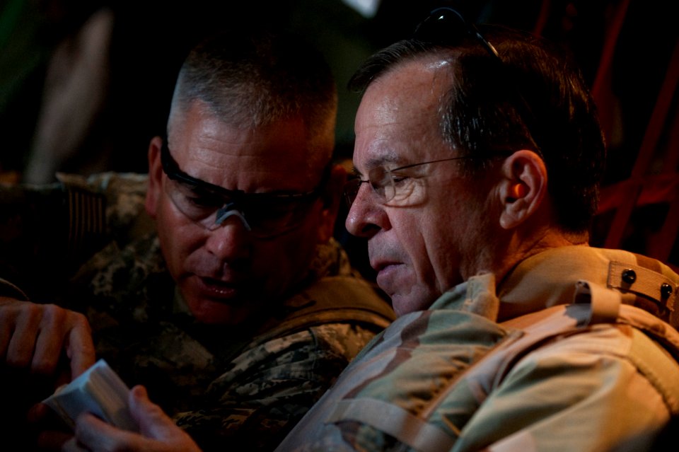 Defense.gov News Photo 110419-N-TT977-250 - Commander of the 101st Airborne Division Maj. Gen. John F. Campbell briefs Chairman of the Joint Chiefs of Staff Adm. Mike Mullen during a visit to