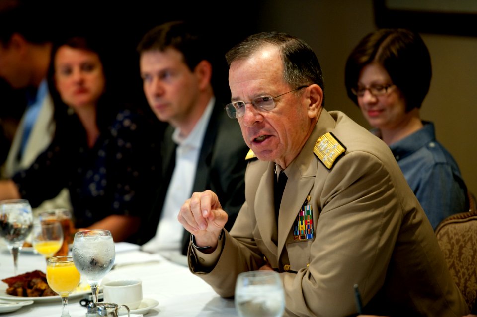 Defense.gov News Photo 110602-N-TT977-009 - Chairman of the Joint Chiefs of Staff Adm. Mike Mullen speaks with members of the press at a Defense Writers Group working breakfast at the