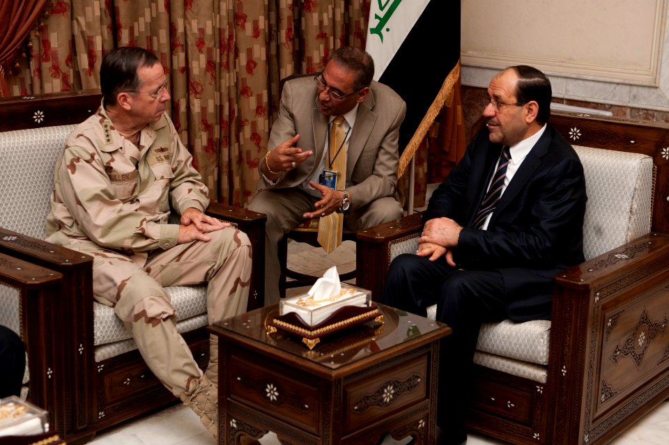 Defense.gov News Photo 110421-N-TT977-194 - Chairman of the Joint Chiefs of Staff Adm. Mike Mullen meets with Iraqi Prime Minister Nouri al-Maliki in Baghdad Iraq on April 21 2011. Mullen