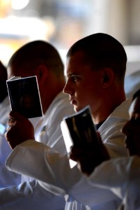 Defense.gov News Photo 110629-N-OA833-005 - Plebes in the U.S. Naval Academy Class of 2015 stand at attention and begin memorizing portions of Reef Points while reporting to the school s photo