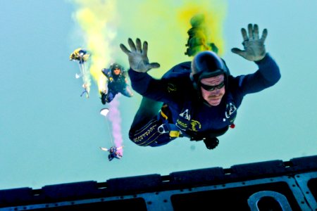 Defense.gov News Photo 110702-N-OU681-105 - U.S. Navy Chief Petty Officer Larry Summerfield assigned to the Navy parachute demonstration team the Leap Frogs jumps from a C-130 cargo photo