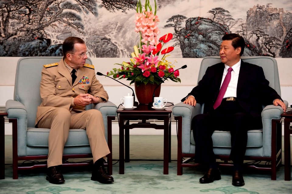 Defense.gov News Photo 110711-N-TT977-119 - Chairman of the Joint Chiefs of Staff Adm. Mike Mullen speaks with Chinese Vice President Xi Jinping in Beijing on July 11 2011. Mullen is on a