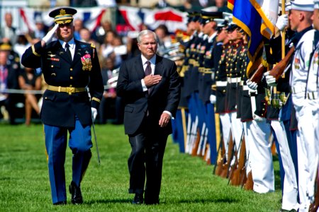 Defense.gov News Photo 110630-N-TT977-080 - Secretary of Defense Robert M. Gates reviews the troops at the Armed Forces Farewell Tribute held in his honor at the Pentagon on June 30, 2011