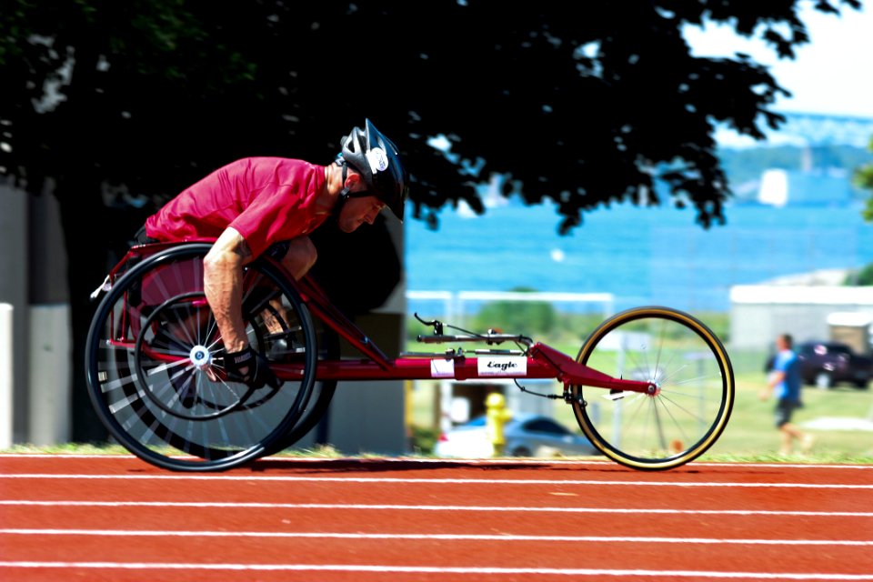 Defense.gov News Photo 110716-N-CQ678-001 - Former U.S. Marine Corps Sgt. Tim Connor one of 59 paralympic military athletes practices sprints in a racing wheelchair at McCool Memorial Track