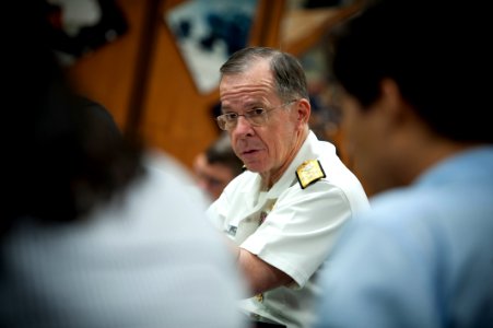 Defense.gov News Photo 110714-N-TT977-133 - Chairman of the Joint Chiefs of Staff Adm. Mike Mullen addresses the media during a press roundtable at U.S. Army Garrison Yongsan Seoul South