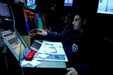 Defense.gov News Photo 110702-N-EE987-044 - Petty Officer 3rd Class David Gomez tracks aircraft aboard the aircraft carrier USS Ronald Reagan CVN 76 in the Arabian Sea on July 2 2011. The photo