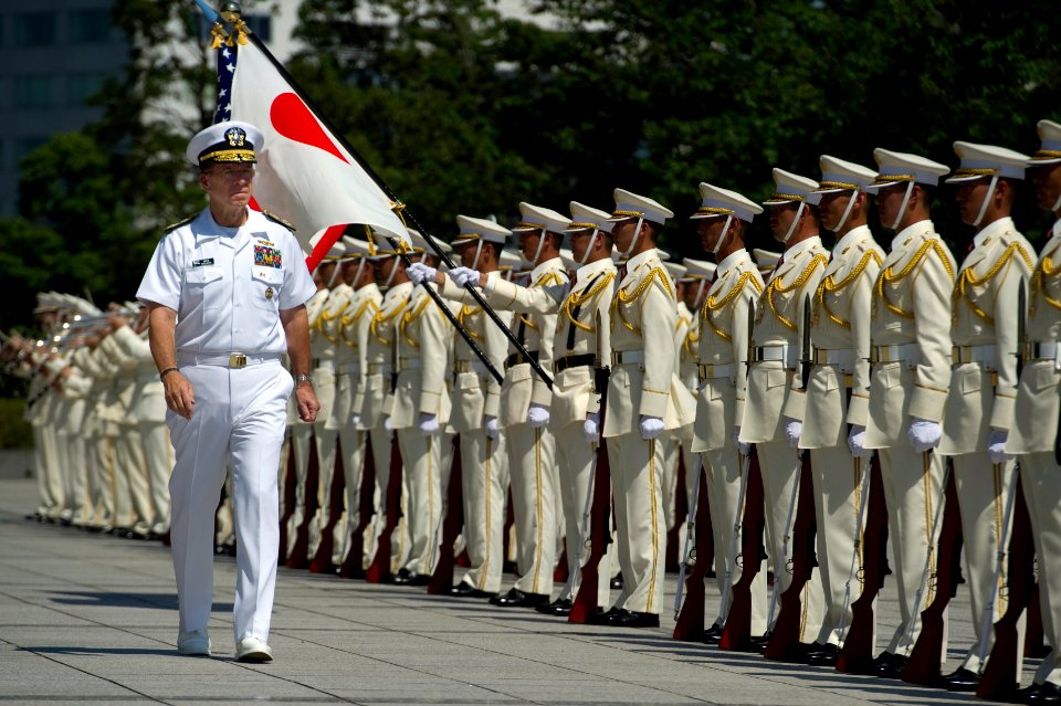 Defense.gov News Photo 110715-N-TT977-248 - Chairman of the Joint Chiefs of Staff Adm. Mike Mullen reviews Japanese Self Defense Force troops during a welcoming ceremony at the Ministry of