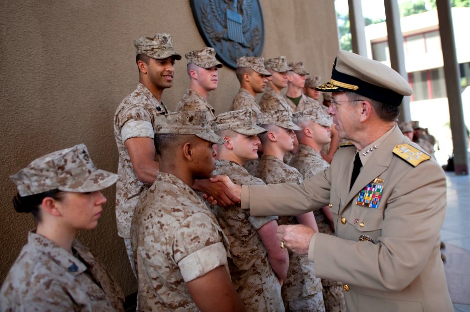 Defense.gov News Photo 110608-N-TT977-098 - Chairman of the Joint Chiefs of Staff Adm. Mike Mullen greets U.S. Marines assigned to the embassy in Cairo Egypt on June 8 2011. Mullen is on a