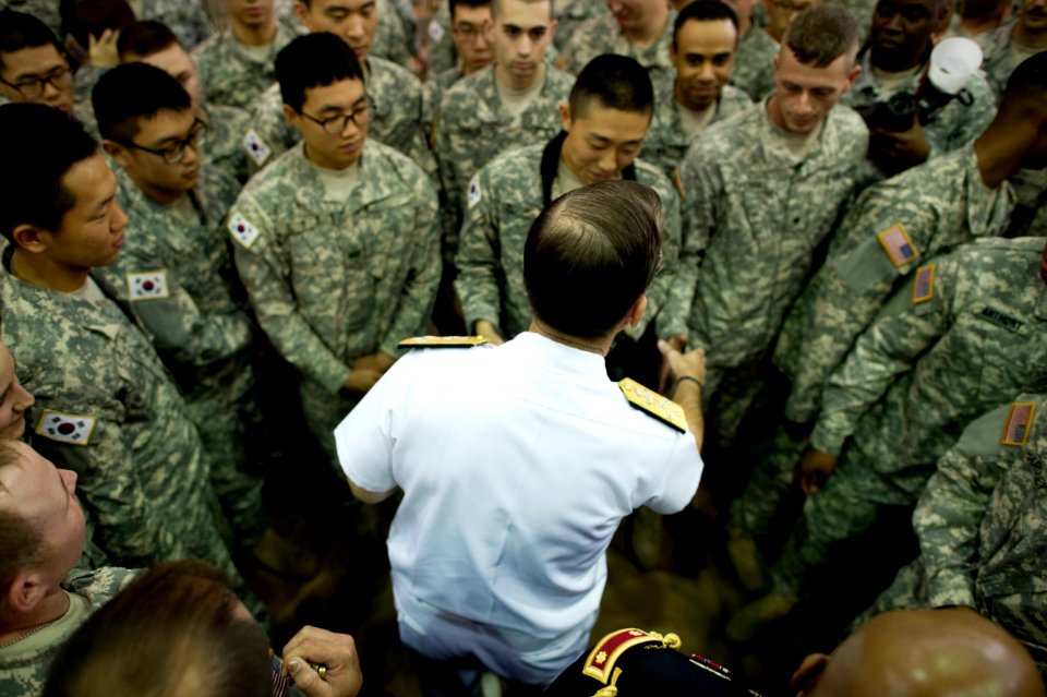 Defense.gov News Photo 110714-N-TT977-104 - Chairman of the Joint Chiefs of Staff Adm. Mike Mullen greets service members during an all hands call at U.S. Army Garrison Yongsan Seoul South