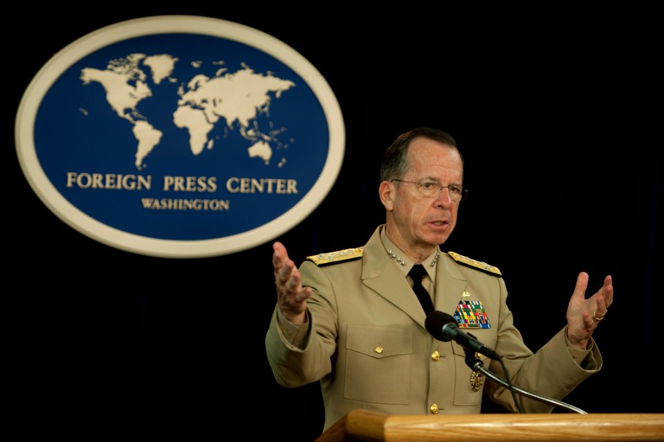 Defense.gov News Photo 110725-N-TT977-081 - Chairman of the Joint Chiefs of Staff Adm. Mike Mullen addresses the media during a press briefing at the Foreign Press Center in Washington D.C.