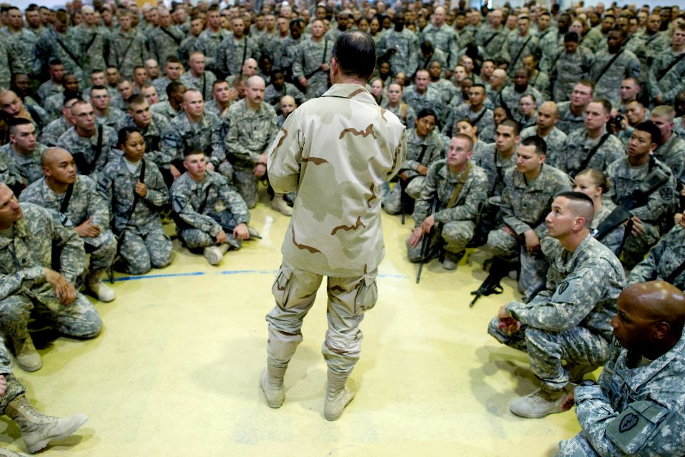 Defense.gov News Photo 110801-N-TT977-305 - Chairman of the Joint Chiefs of Staff Adm. Mike Mullen addresses service members at an all-hands call at Forward Operating Base Marez Mosul Iraq