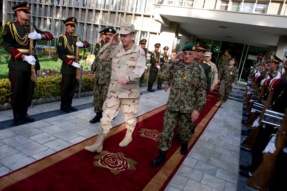 Defense.gov News Photo 110731-N-TT977-093 - Chairman of the Joint Chiefs of Staff Adm. Mike Mullen and Afghan National Army Chief of the General Staff Gen. Karim depart the Ministry of