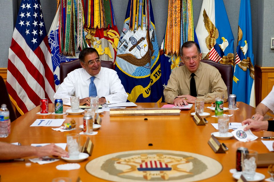 Defense.gov News Photo 110701-N-TT977-038 - Chairman of the Joint Chiefs of Staff Adm. Mike Mullen speaks with new Secretary of Defense Leon E. Panetta during his first visit to the Tank to