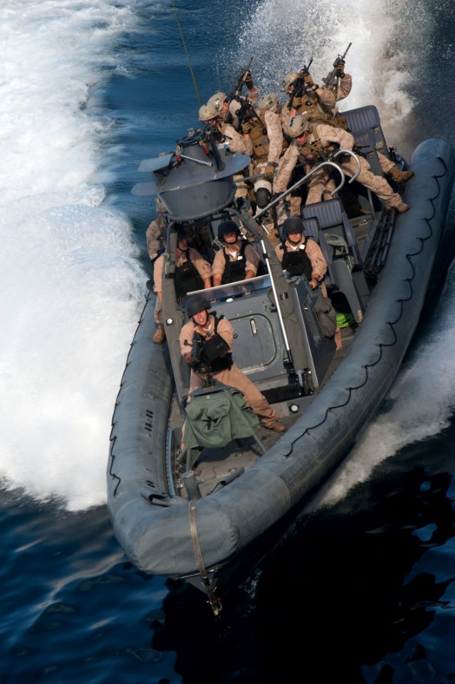 Defense.gov News Photo 110812-N-PB383-009 - Sailors assigned to the amphibious transport dock ship USS New Orleans LPD 18 operate a rigid-hull inflatable boat during a practice mission with