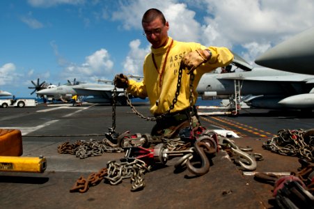 Defense.gov News Photo 110816-N-BT887-045 - U.S. Navy Petty Officer 2nd Class Adam Zimniak collects chains removed from an F A-18E Super Hornet aircraft aboard the aircraft carrier USS John