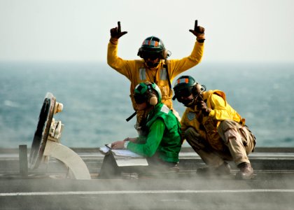 Defense.gov News Photo 111120-N-BT887-050 - U.S. Navy sailors signal a safety warning as ordnance is armed on an aircraft onboard the aircraft carrier USS John C. Stennis CVN 74 in the
