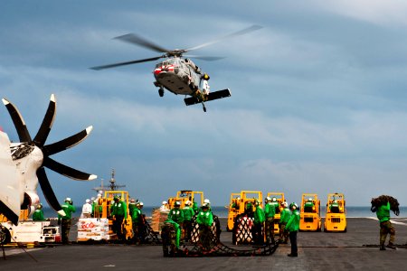 Defense.gov News Photo 111122-N-BT887-094 - U.S. Navy sailors aboard the aircraft carrier USS John C. Stennis prepare cargo nets during a replenishment at sea in the Persian Gulf on Nov. 22