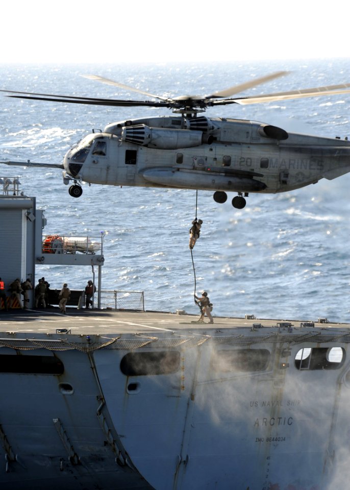 Defense.gov News Photo 111204-N-QM601-387 - Marines from the Force Reconnaissance Platoon for the 24th Marine Expeditionary Unit fast rope out of an CH-53 Super Stallion assigned to Marine