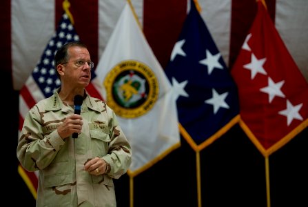 Defense.gov News Photo 110802-N-TT977-140 - Chairman of the Joint Chiefs of Staff Adm. Mike Mullen addresses service members during an all hands call at Al-Faw Palace Baghdad Iraq on Aug