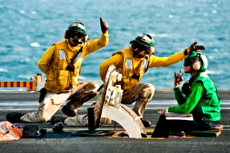 Defense.gov News Photo 111120-N-BT887-071 - U.S. Navy sailors signal the launch of an F A-18F Super Hornet assigned to Strike Fighter Squadron 41 aboard the aircraft carrier USS John C