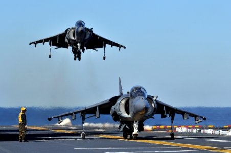 Defense.gov News Photo 120119-N-UM734-730 - Two AV-8B Harrier II aircraft assigned to Marine Attack Squadron 542 conduct flight operations aboard the USS Kearsarge LHD 3 in the Atlantic Ocean