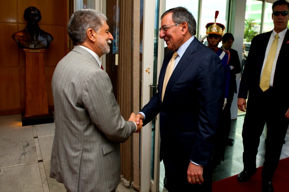 Defense.gov News Photo 120424-N-TT977-165 - Secretary of Defense Leon E. Panetta greets Brazilian Minister of Defense Celso Amorim in Brasilia Brazil April 24 2012. Panetta is on a five-day