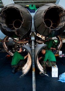 Defense.gov News Photo 120113-N-BT887-277 - Sailors perform maintenance on an F A-18E Super Hornet from Strike Fighter Squadron 14 aboard the aircraft carrier USS John C. Stennis CVN 74 in