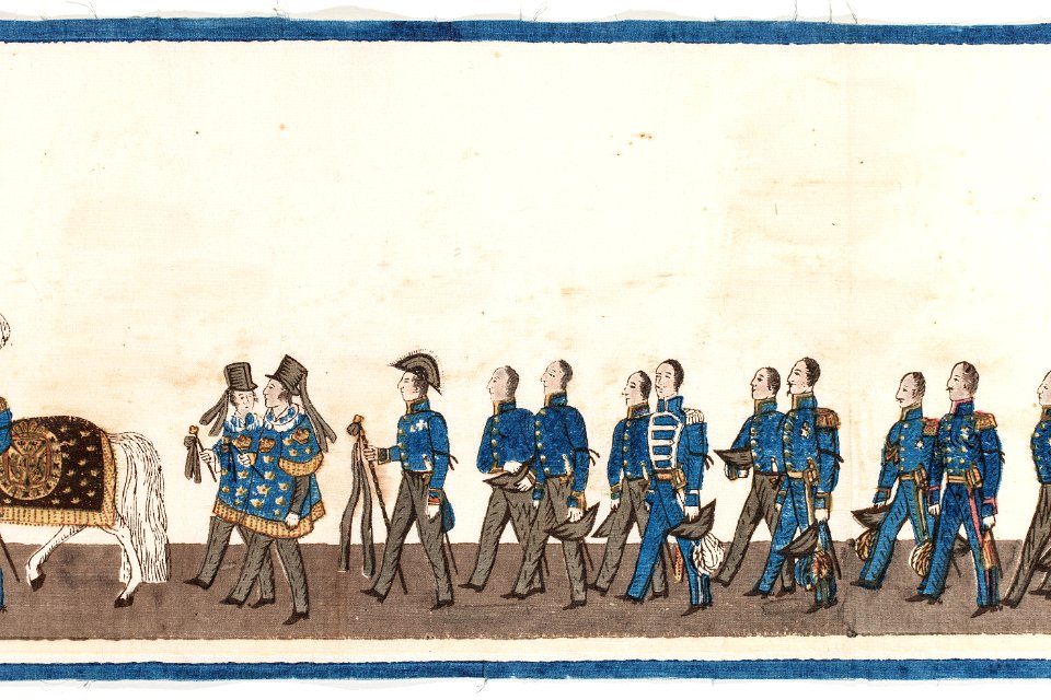 Del av bonad med Karl XIV Johans begravningståg, 1844. Härolder, hovmarskalk, hovstaten - Livrustkammaren - 108211