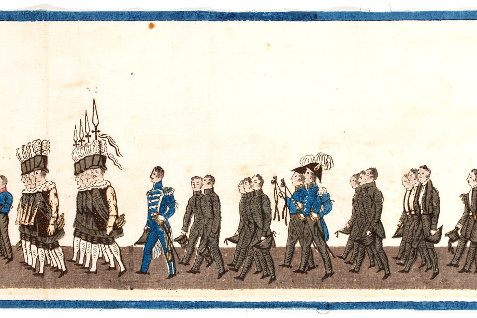 Del av bonad med Karl XIV Johans begravningståg, 1844. Stånddrabantkåren klädda i sorgedräkt - Livrustkammaren - 108213