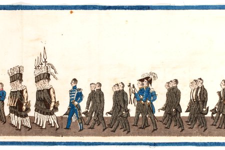 Del av bonad med Karl XIV Johans begravningståg, 1844. Stånddrabantkåren klädda i sorgedräkt - Livrustkammaren - 108213