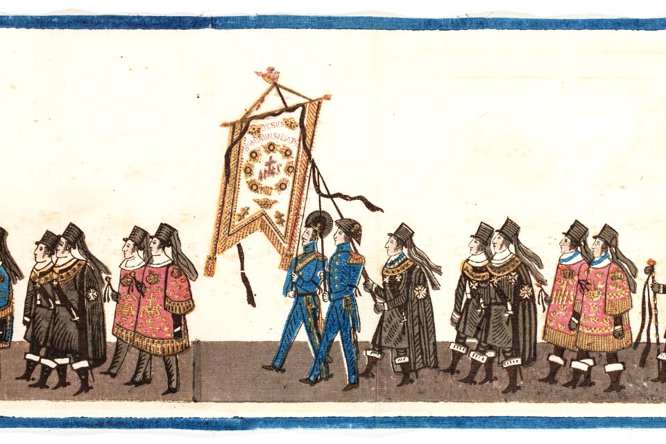 Del av bonad med Karl XIV Johans begravningståg, 1844. Här serafimerorden i processionen - Livrustkammaren - 108208