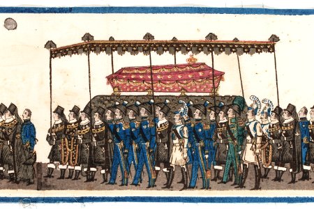 Del av bonad med Karl XIV Johans begravningståg, bårprocessionen, 1844 - Livrustkammaren - 108205