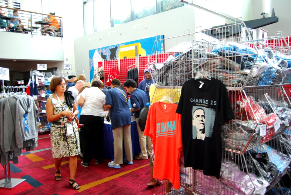 Delegates and Democratic National Convention visitors crowd one of the merchandise stores in Charlotte, September 3, 2012