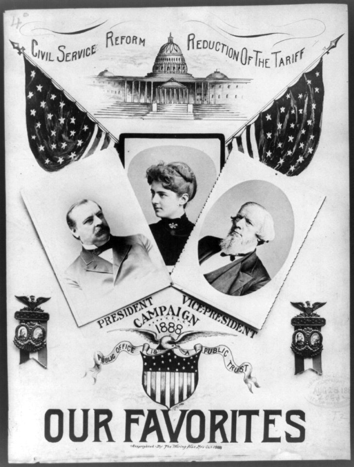 Democratic presidential campaign poster citing Civil Service reform & tariff reduction; busts of Cleveland and Thurman. LCCN2017646593