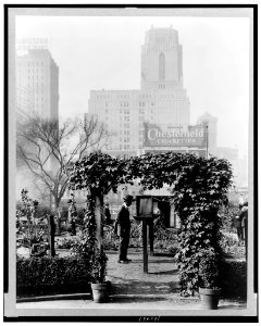 Demonstration garden, Bryant Park, 42nd Street and Fifth Avenue, New York, New York. Visitors studying gardening notices LCCN98506386