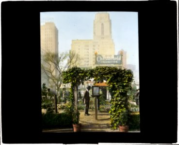 Demonstration garden, Bryant Park, 42nd Street and Fifth Avenue, New York, New York. Visitors studying gardening notices LCCN2008675988