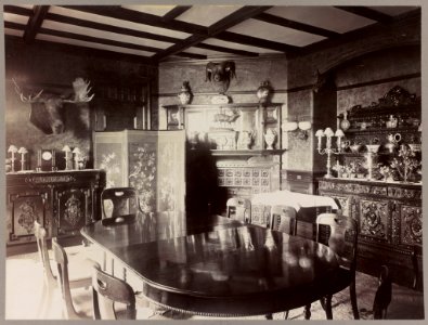 Dining room in home of Pres. Theodore Roosevelt, Washington, D.C. with moose head and ram's head on walls LCCN92520948