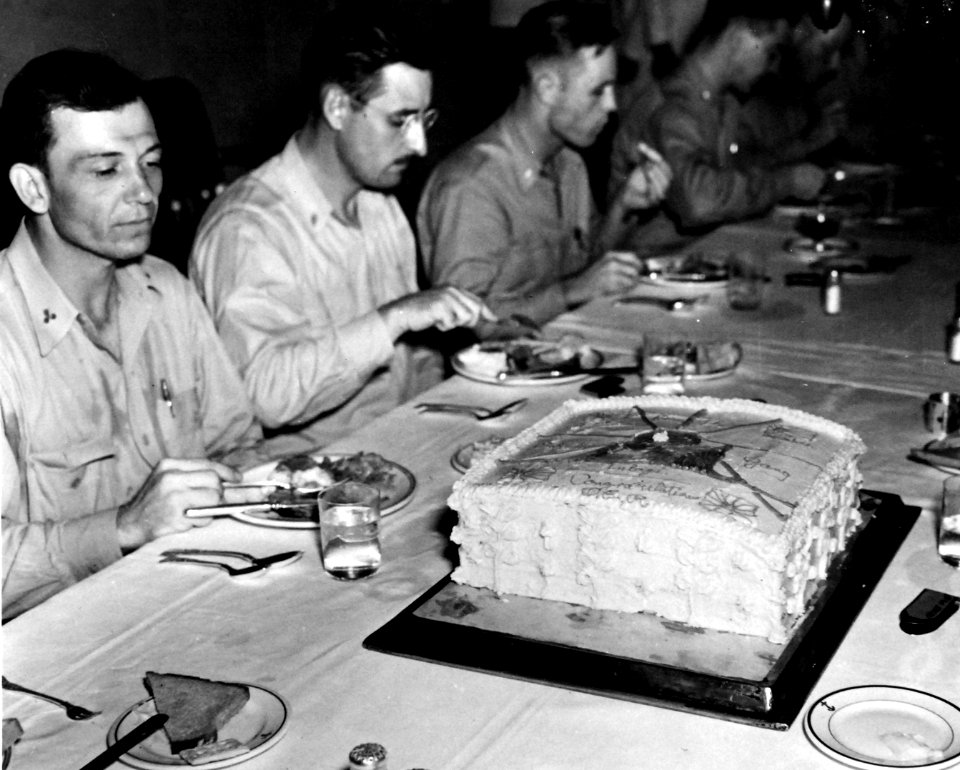 Dinner of VF-6 personnel in the wardroom of USS Enterprise (CV-6), 10 August 1942 (80-G-14326)