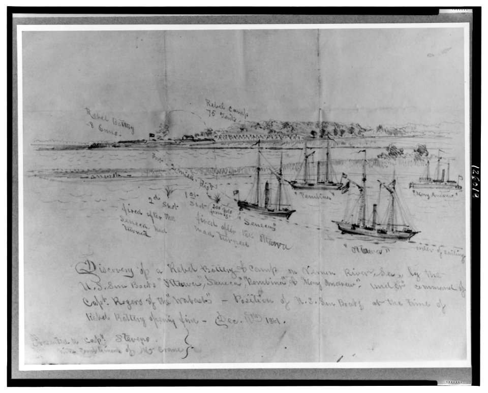 Discovery of a rebel battery & camp on Vernon River, Ga., by the U.S. gun boats Ottowa, Seneca, Pembina, & Mary Andrew, under command of Capt. Rogers of the Wabash - Position of LCCN00650182