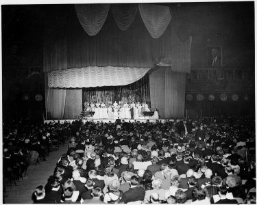 Distance view of Phil Spitalney's all girl orchestra at President Truman's inaugural gala at the National Guard... - NARA - 199997 photo