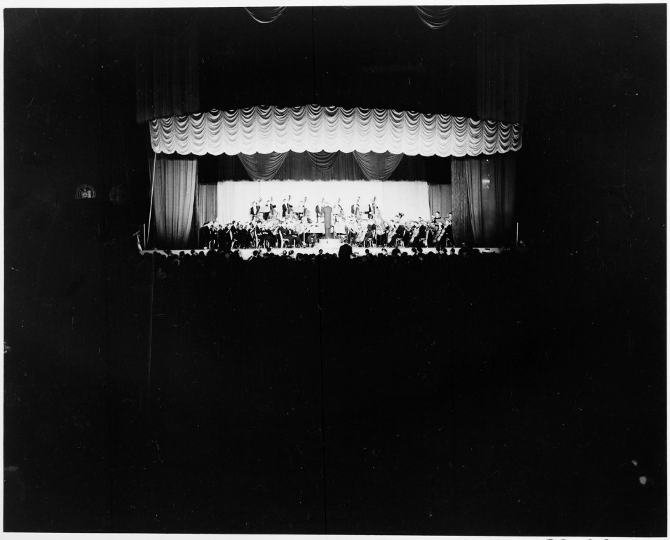 Distance view of an orchestra performing at President Truman's inaugural gala at the National Guard Armory in... - NARA - 199998