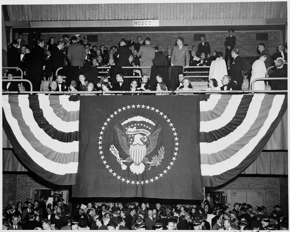 Distance view of President Truman and his family at the inaugural gala at the National Guard Armory in Washington, D.... - NARA - 199987