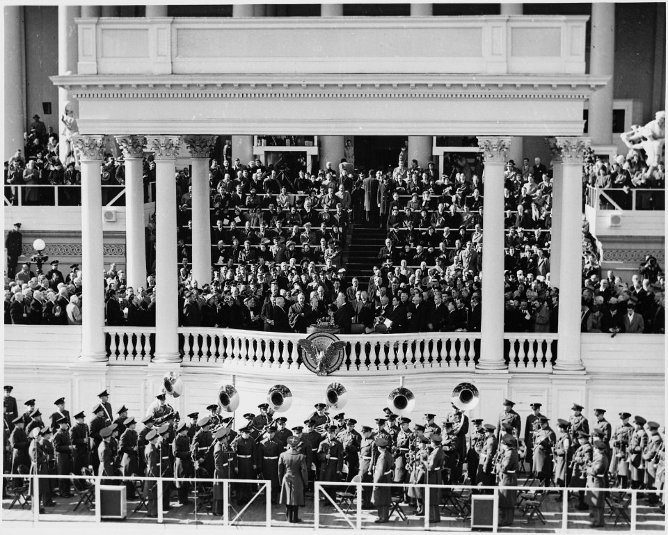 Distance view of the inauguration of President Truman showing the President being sworn into office. - NARA - 199982
