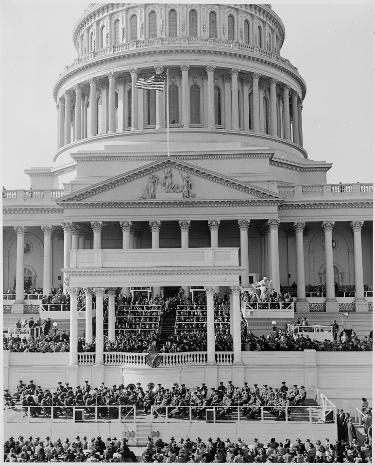 Distance view of the inauguration of President Truman showing the President at the podium. - NARA - 199977